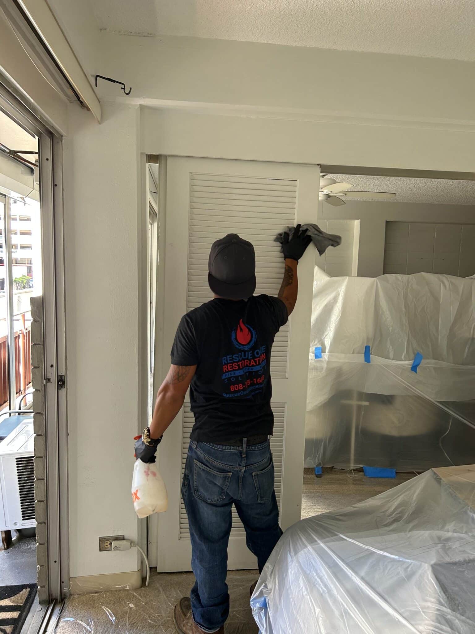 Plastic sheeting keeps the rest of the home clean.