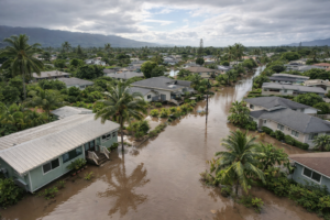 Aerial view of Oahu neighborhood with standing floodwater after the March 2026 storm
