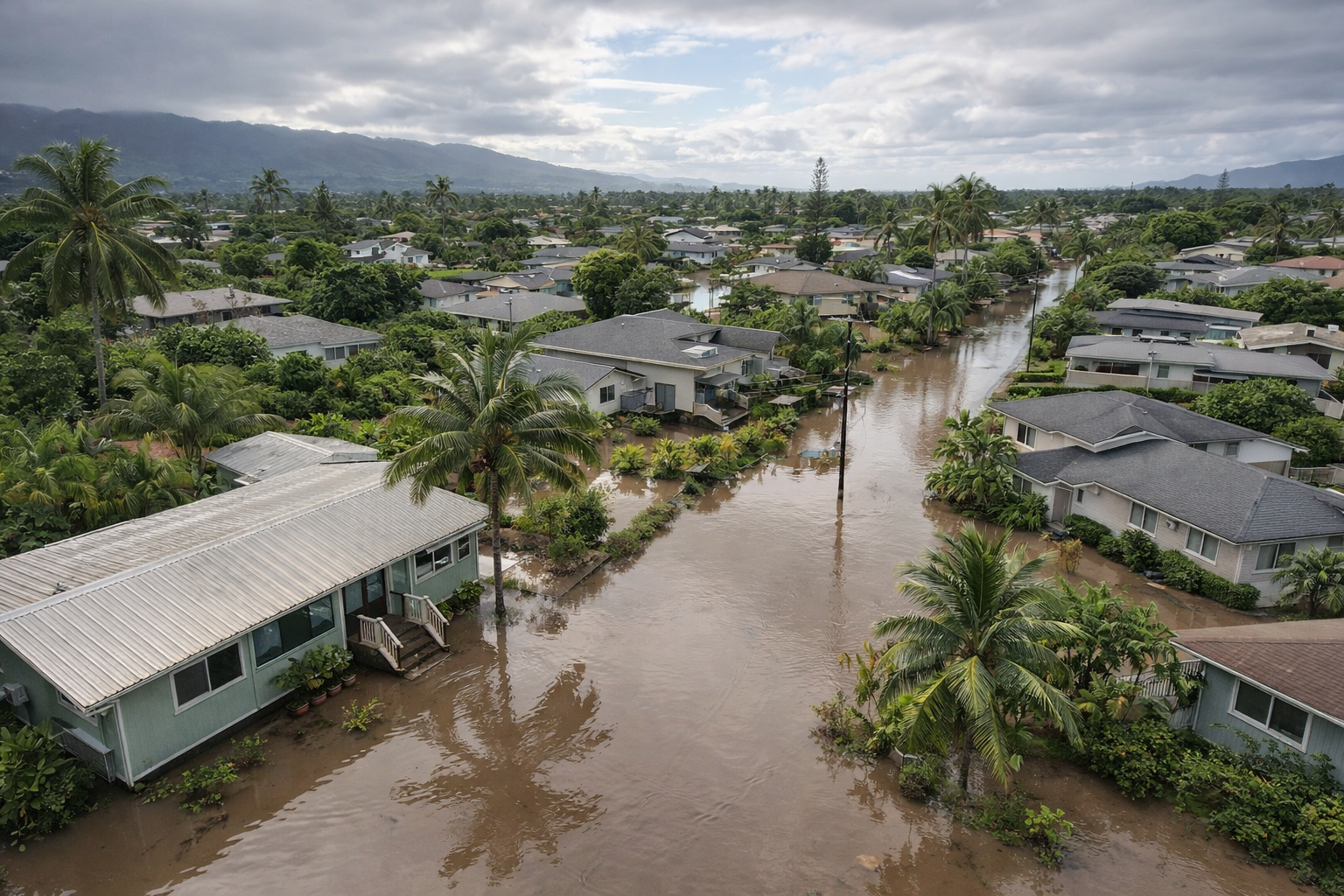Oahu Residential Neighborhood Flood Damage After March 2026 Storm - Rescue One Restoration Aerial view of Oahu neighborhood with standing floodwater after the March 2026 storm