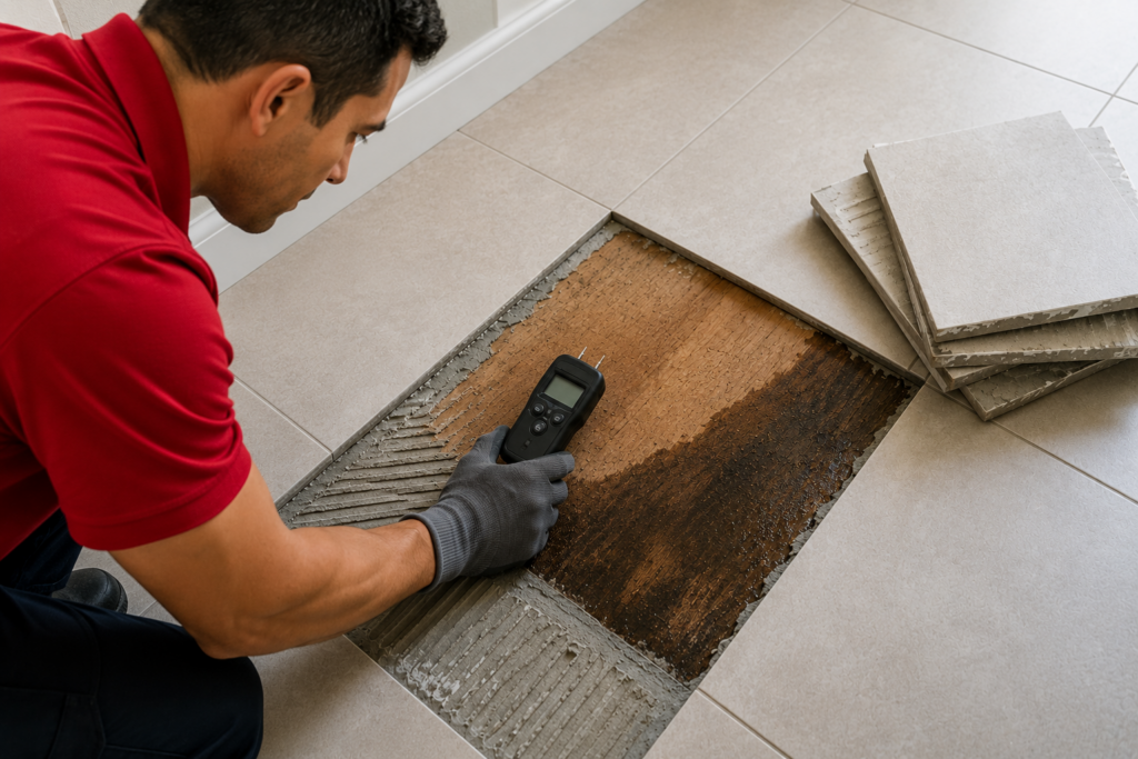 Lifted Tile Revealing Water Damaged Subfloor in a Hawaii Home