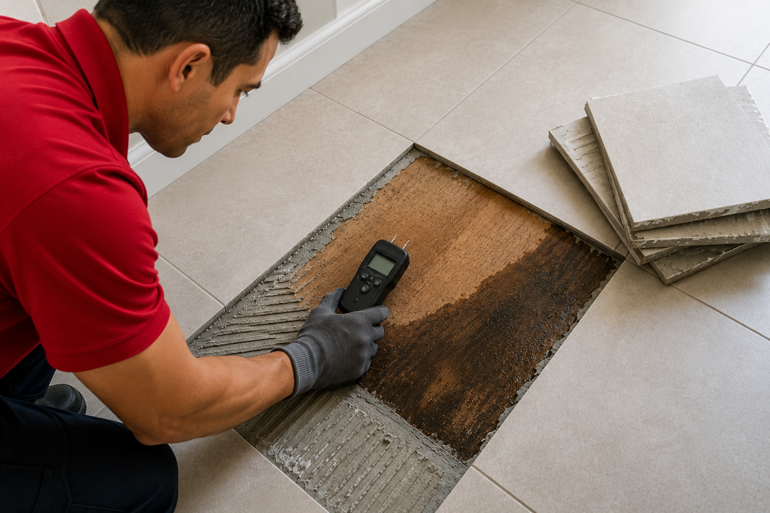 Lifted Tile Revealing Water Damaged Subfloor in a Hawaii Home