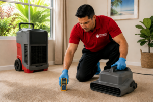 Restoration technician kneels on carpet using a moisture meter while a carpet cleaning machine sits nearby in a sunny room.