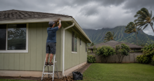 Man on a ladder repairing the gutter of a green house, with palm trees and a mountain backdrop under cloudy skies.