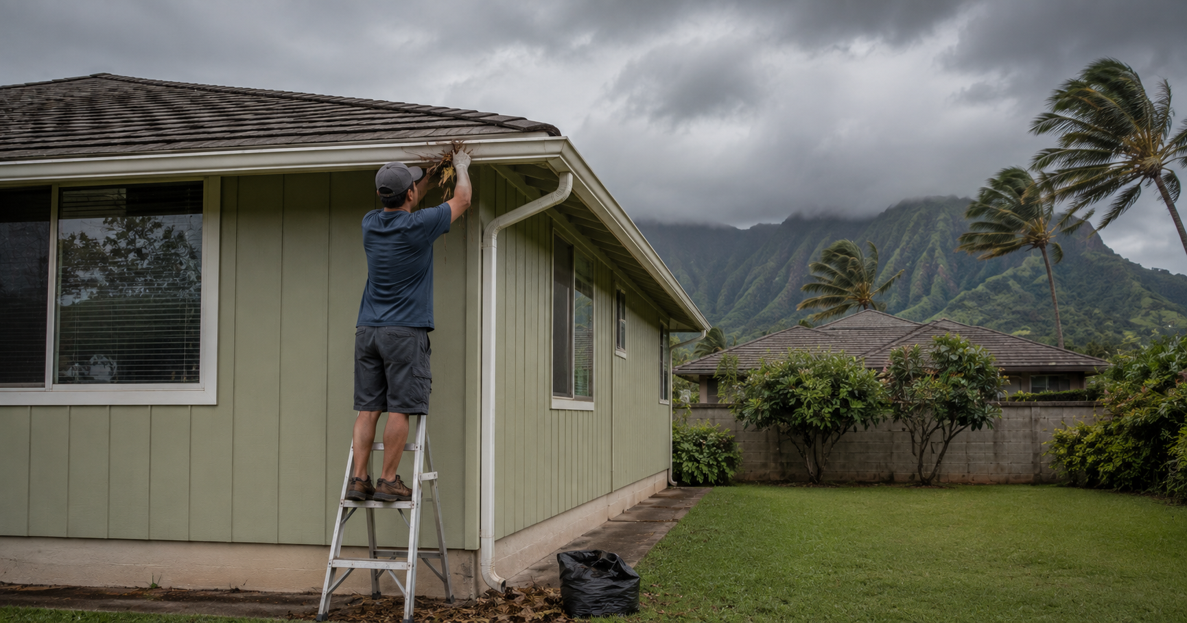 Oahu Homeowner Clearing a Downspout Before Tropical Storm Lala - Rescue One Restoration - Rescue One Restoration Man on a ladder repairing the gutter of a green house, with palm trees and a mountain backdrop under cloudy skies.
