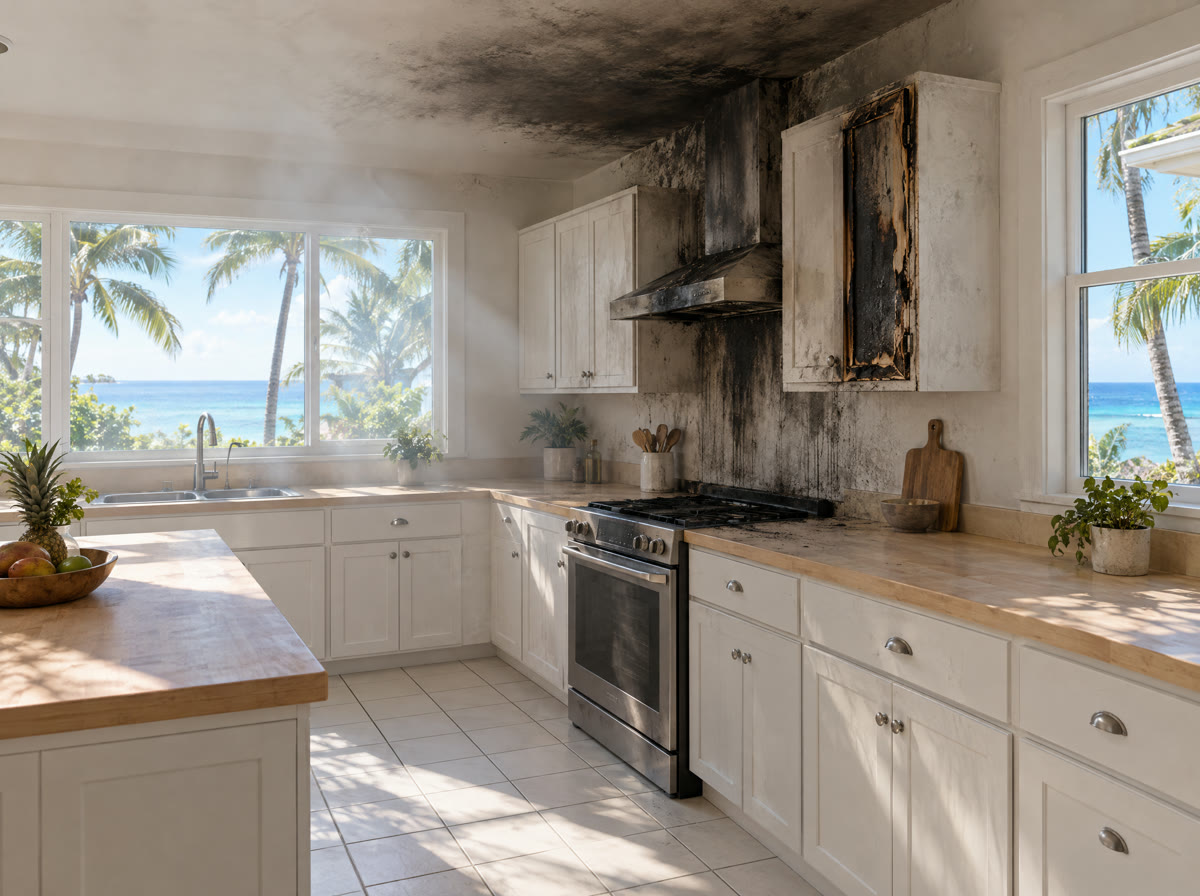 Fire-damaged kitchen waiting to be cleaned and restored