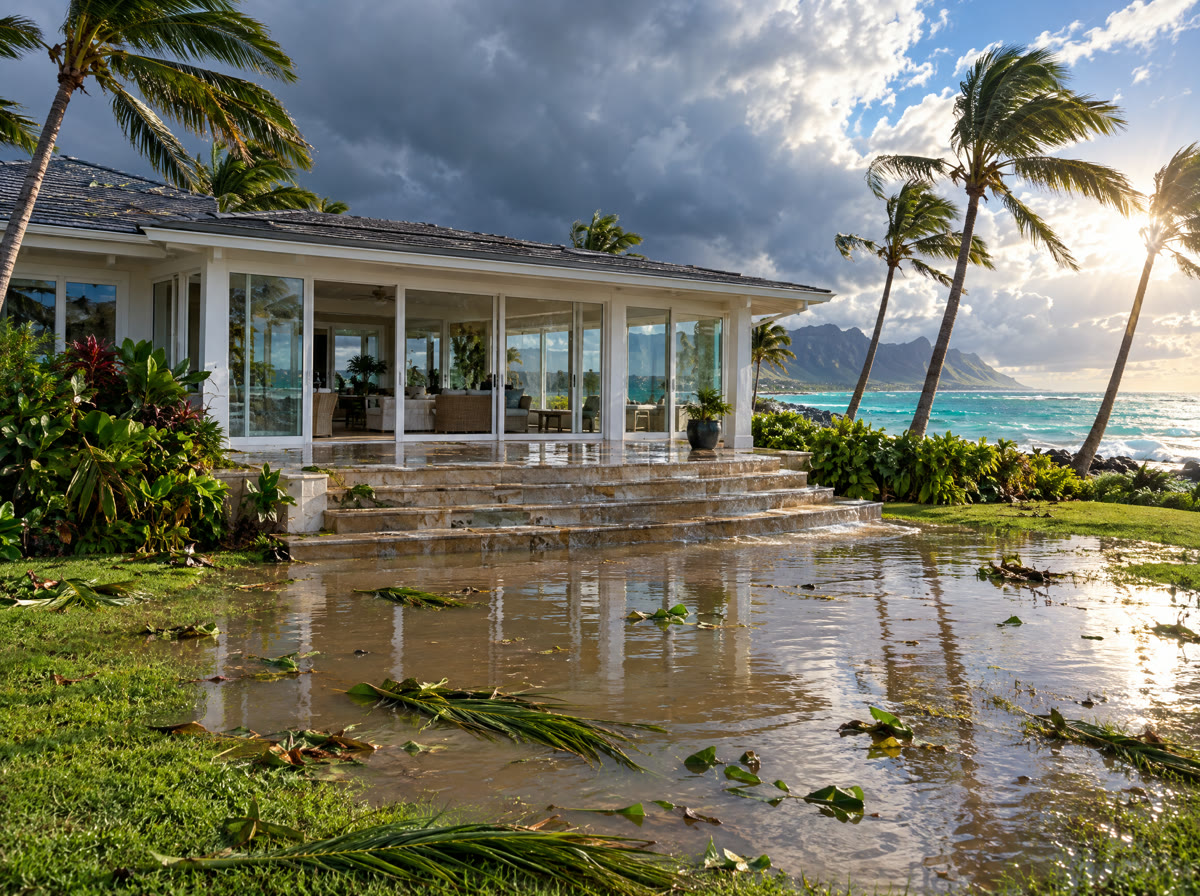 Floodwater around an Oahu home after a storm