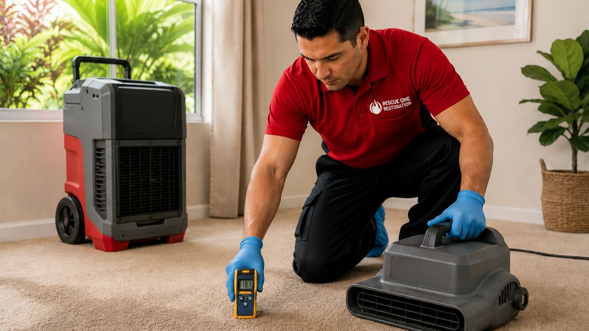 A restoration technician setting an air mover on wet carpet beside a commercial dehumidifier in an Oahu home.