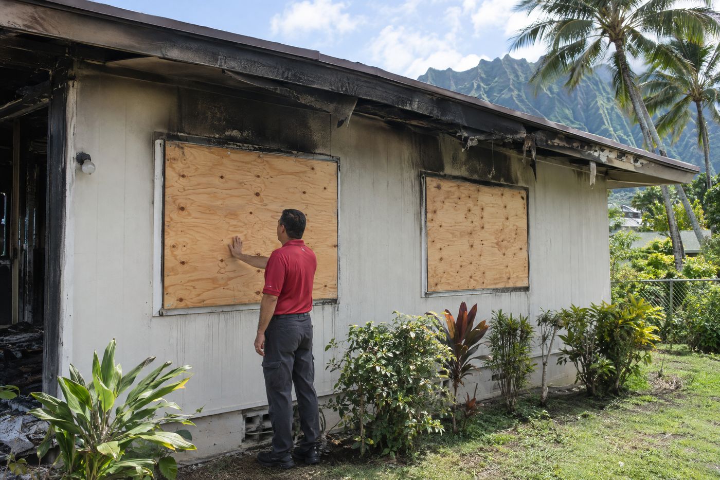 Plywood boarded over smoke-stained windows of an Oahu home after a fire, under green mountains.