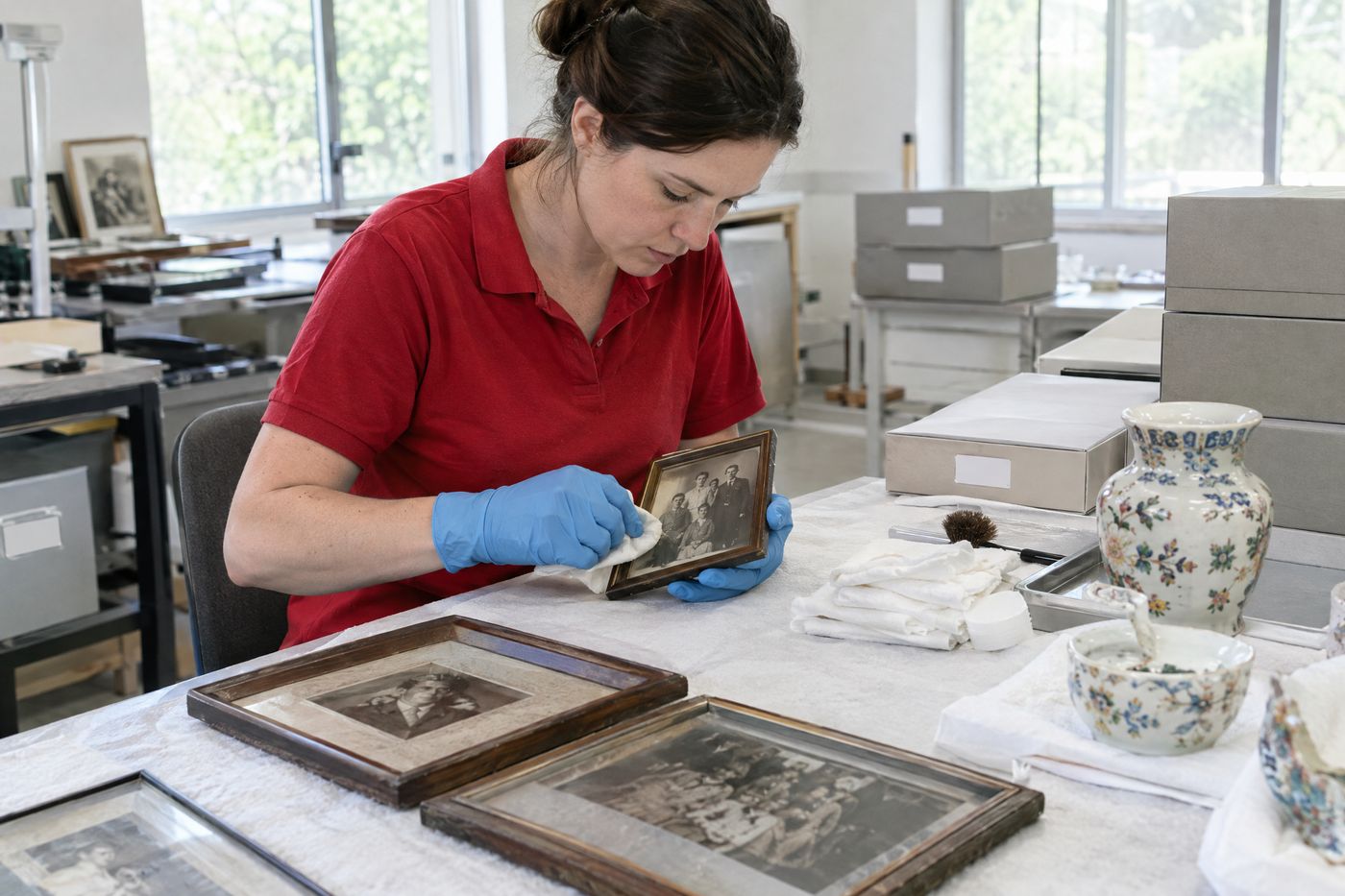 A technician cleaning smoke residue from framed photos and ceramics at a worktable.