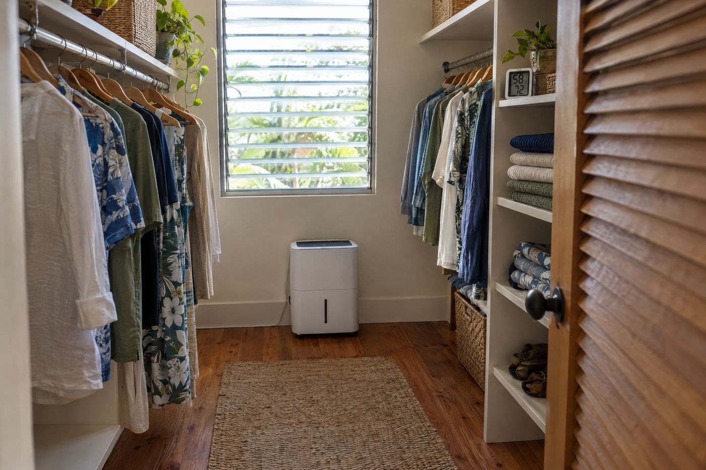 A small dehumidifier running in a ventilated walk-in closet in an Oahu home.
