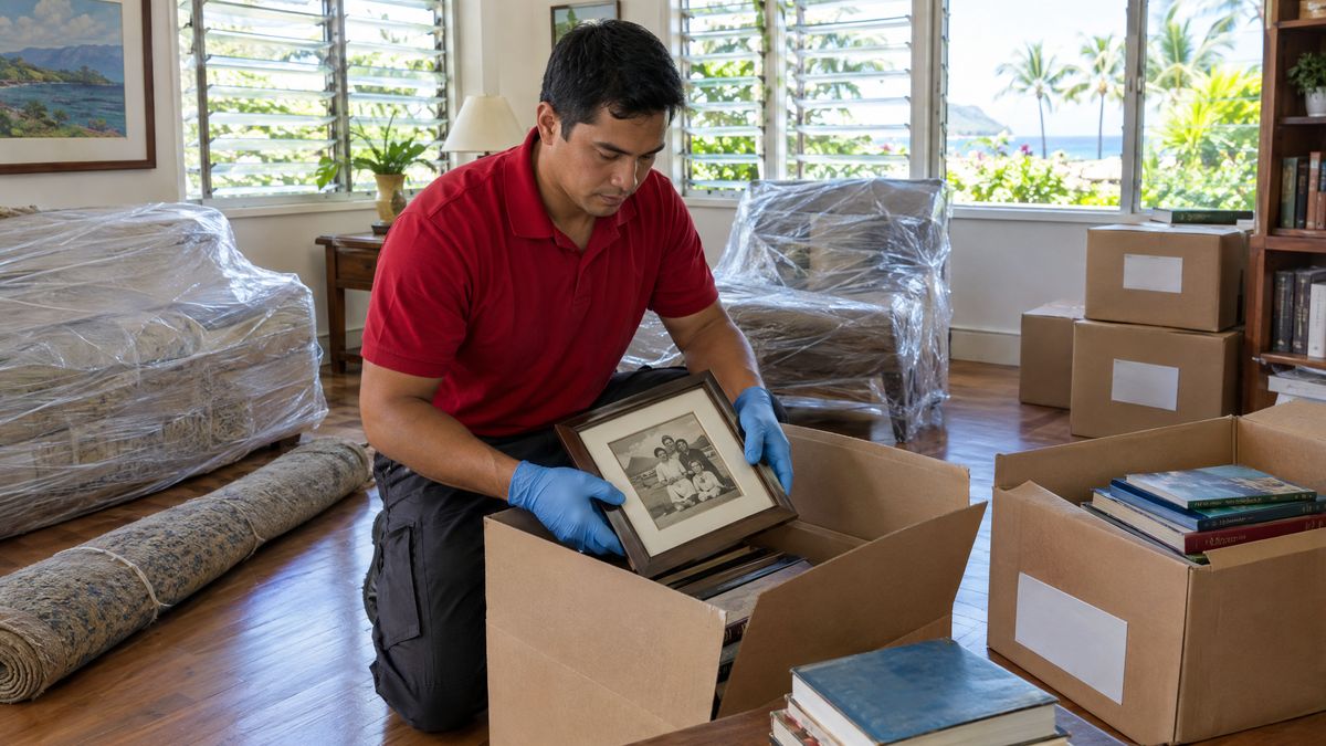 A restoration technician packing framed family photos and books into boxes in an Oahu living room.