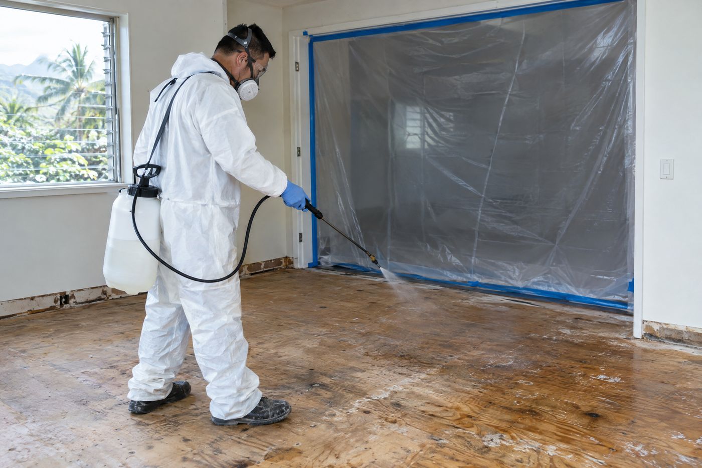 A technician in protective gear spraying antimicrobial treatment onto an exposed subfloor.