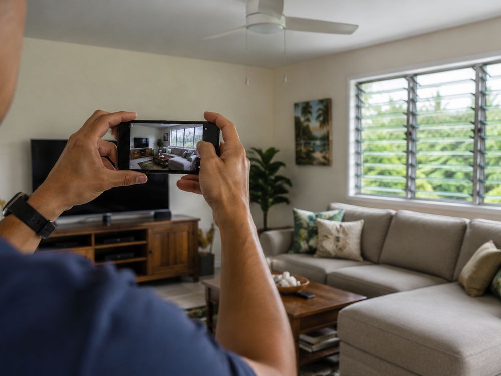 A homeowner photographing their Oahu living room with a phone to document it for an insurance claim.