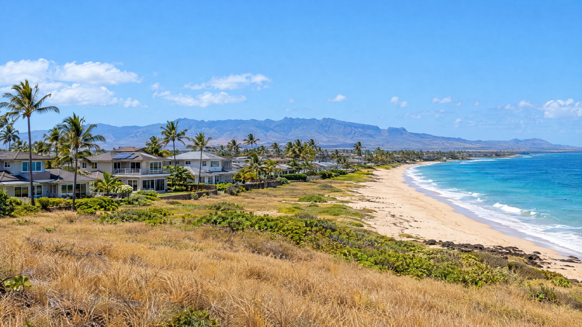 Single-family homes and palms beside a long sandy shoreline in Ewa Beach.