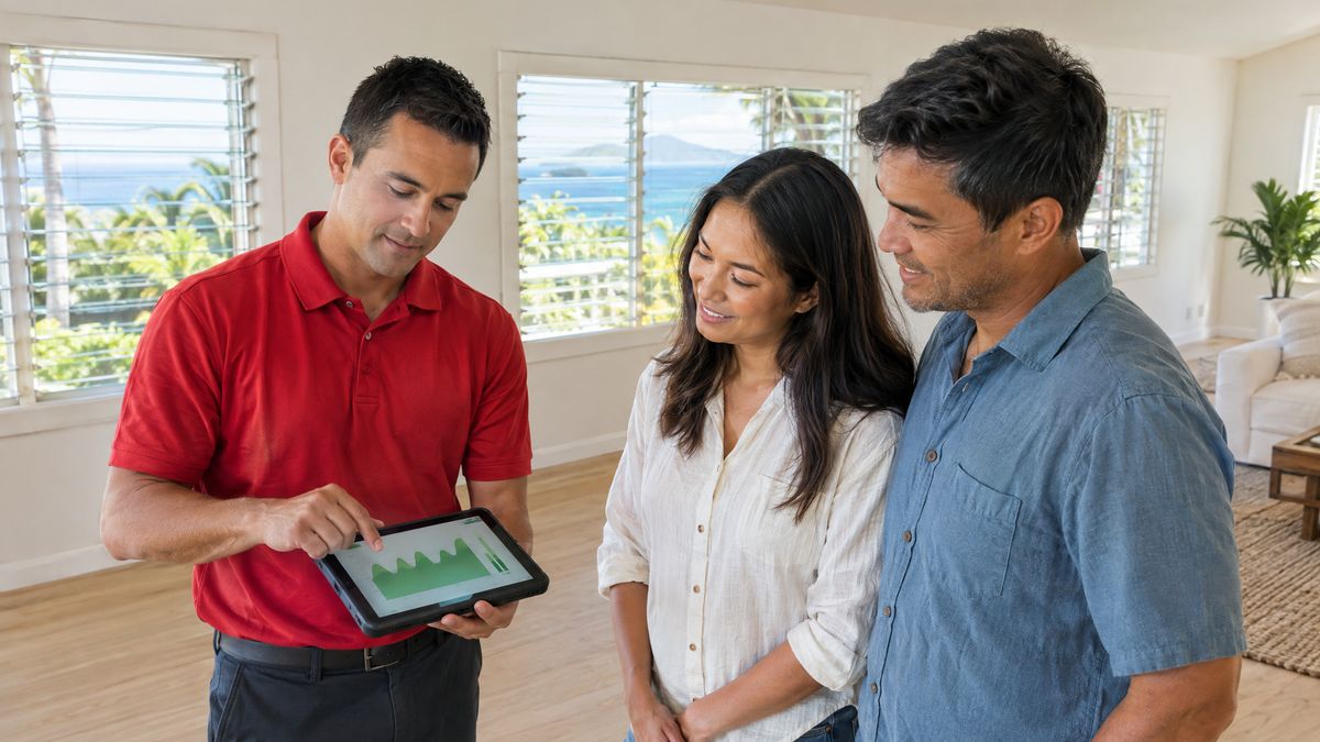 A restoration technician showing homeowners final moisture readings on a tablet in their restored Oahu living room.