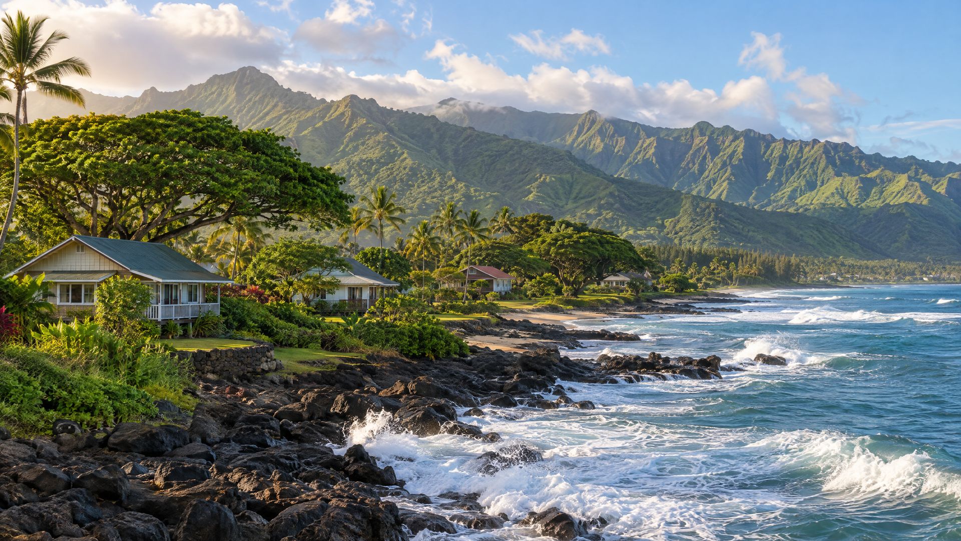 Plantation-style homes near a rocky surf coastline on Oahu's North Shore near Haleiwa.