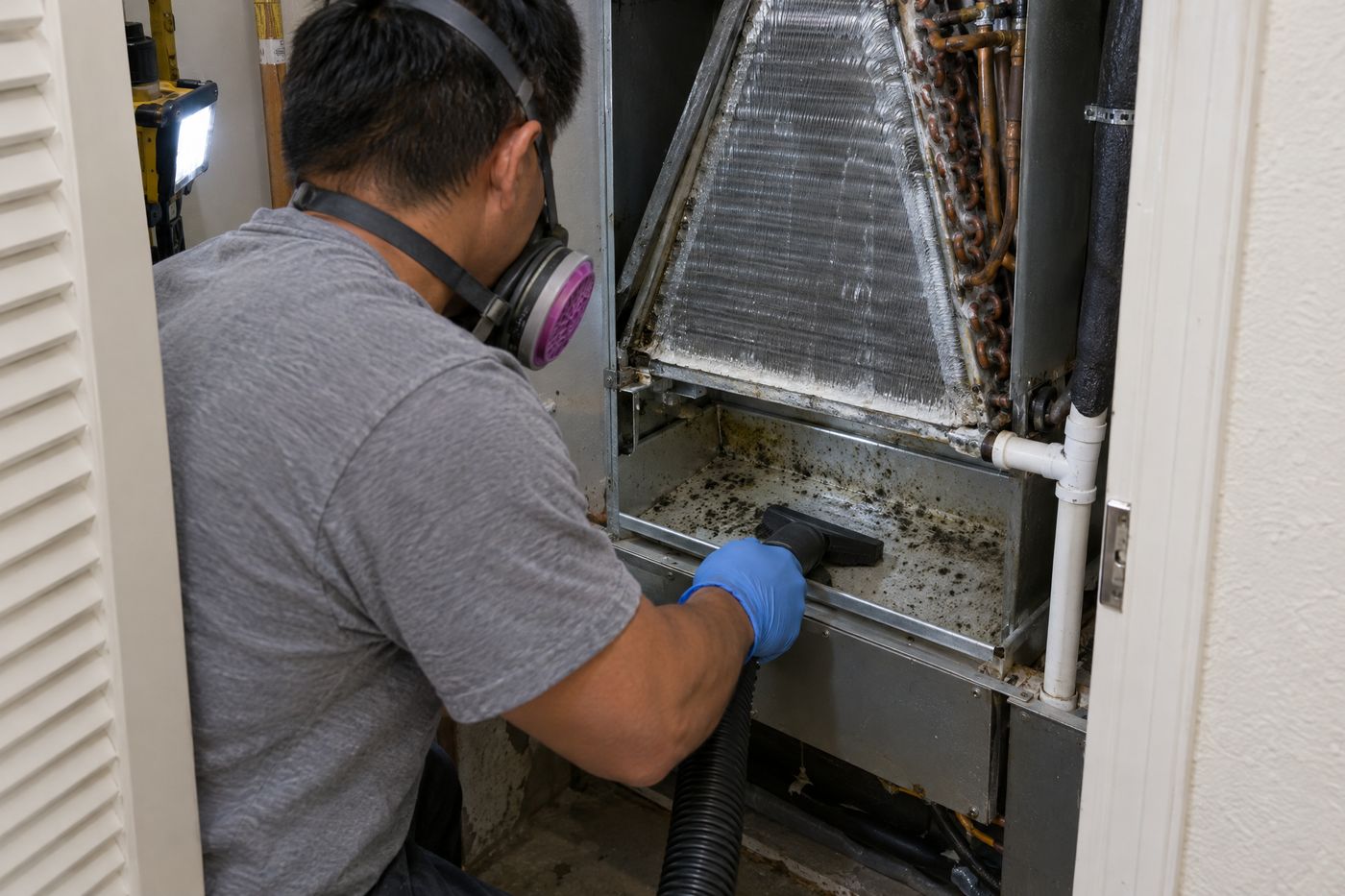 A technician in a respirator and gloves HEPA-vacuuming mold from the drain pan under an air handler's cooling coil.