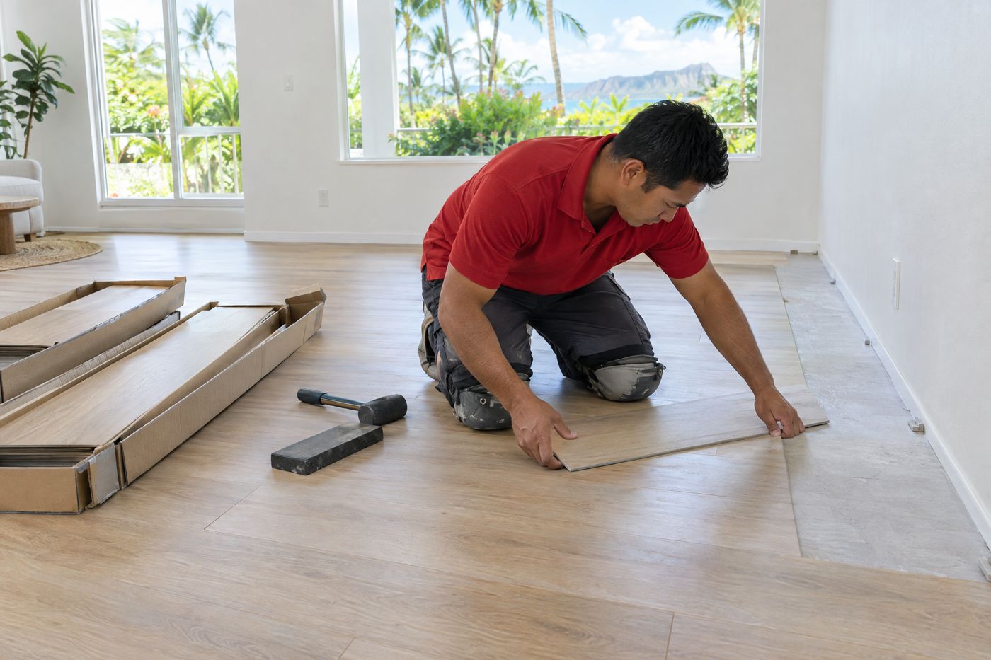 A worker installing new plank flooring in a bright Oahu living room after repairs.
