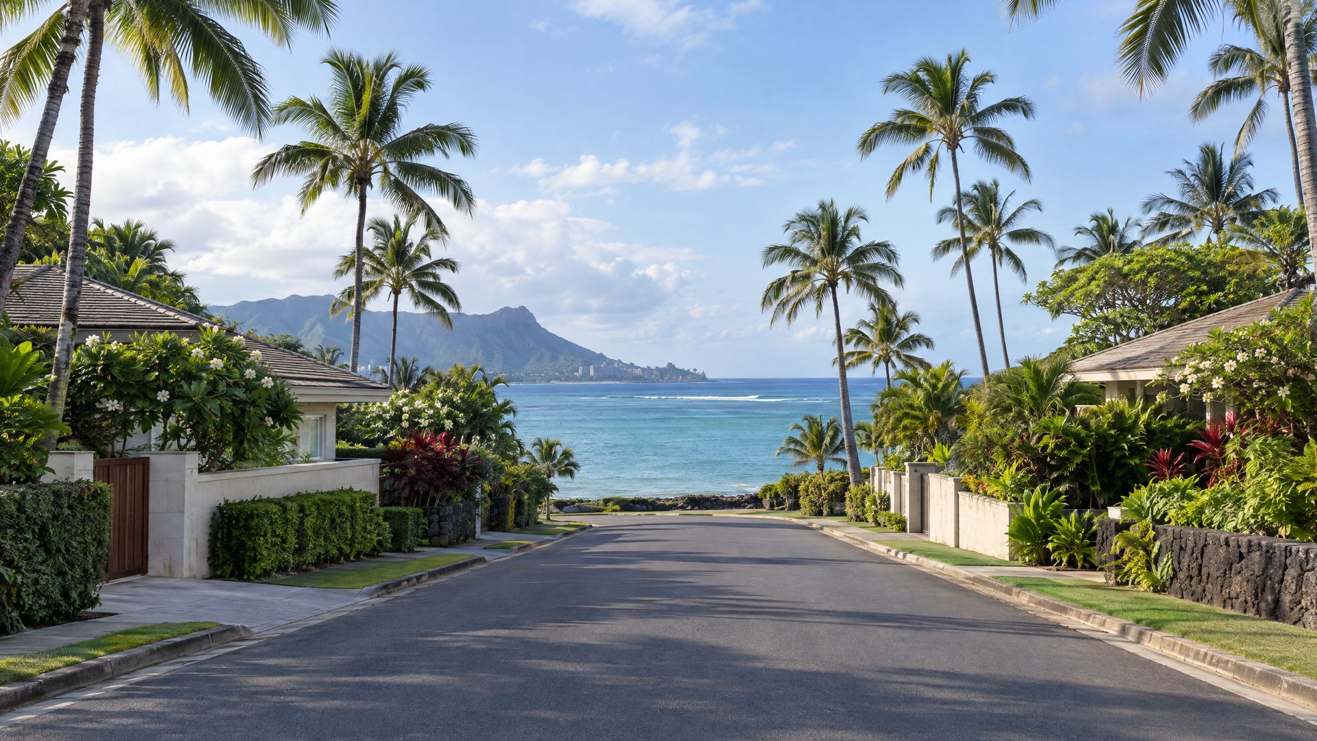 A quiet palm-lined residential street in Kahala ending at a calm turquoise shoreline.