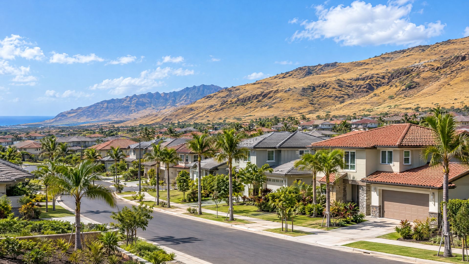 A street of newer two-story homes in Kapolei with dry leeward hills behind.