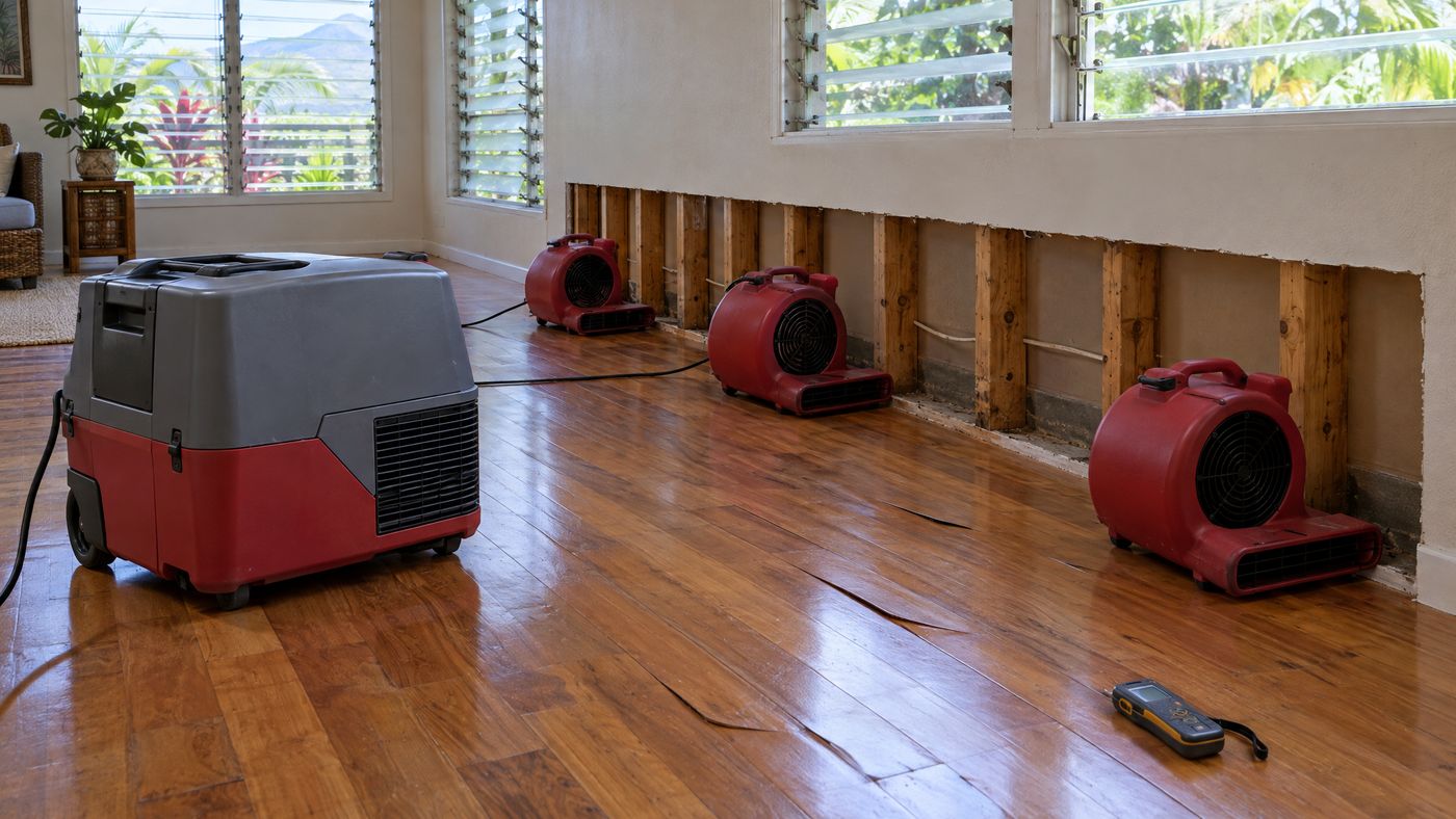 A commercial dehumidifier and air movers drying a hardwood floor and a wall with its lower drywall cut away in an Oahu home.