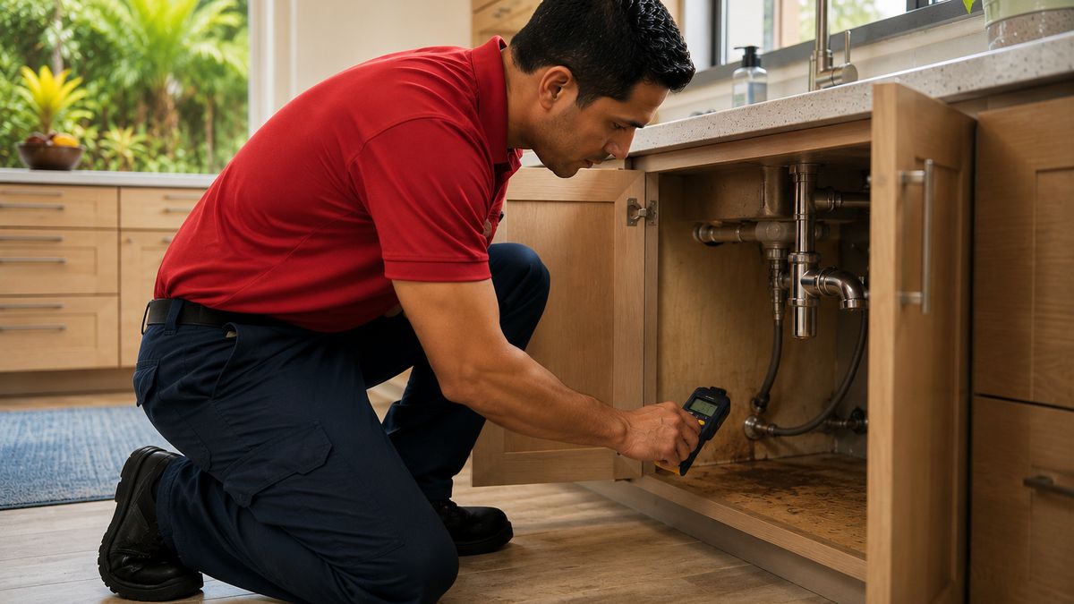 A restoration technician using a moisture meter inside a kitchen sink cabinet in a Honolulu home.