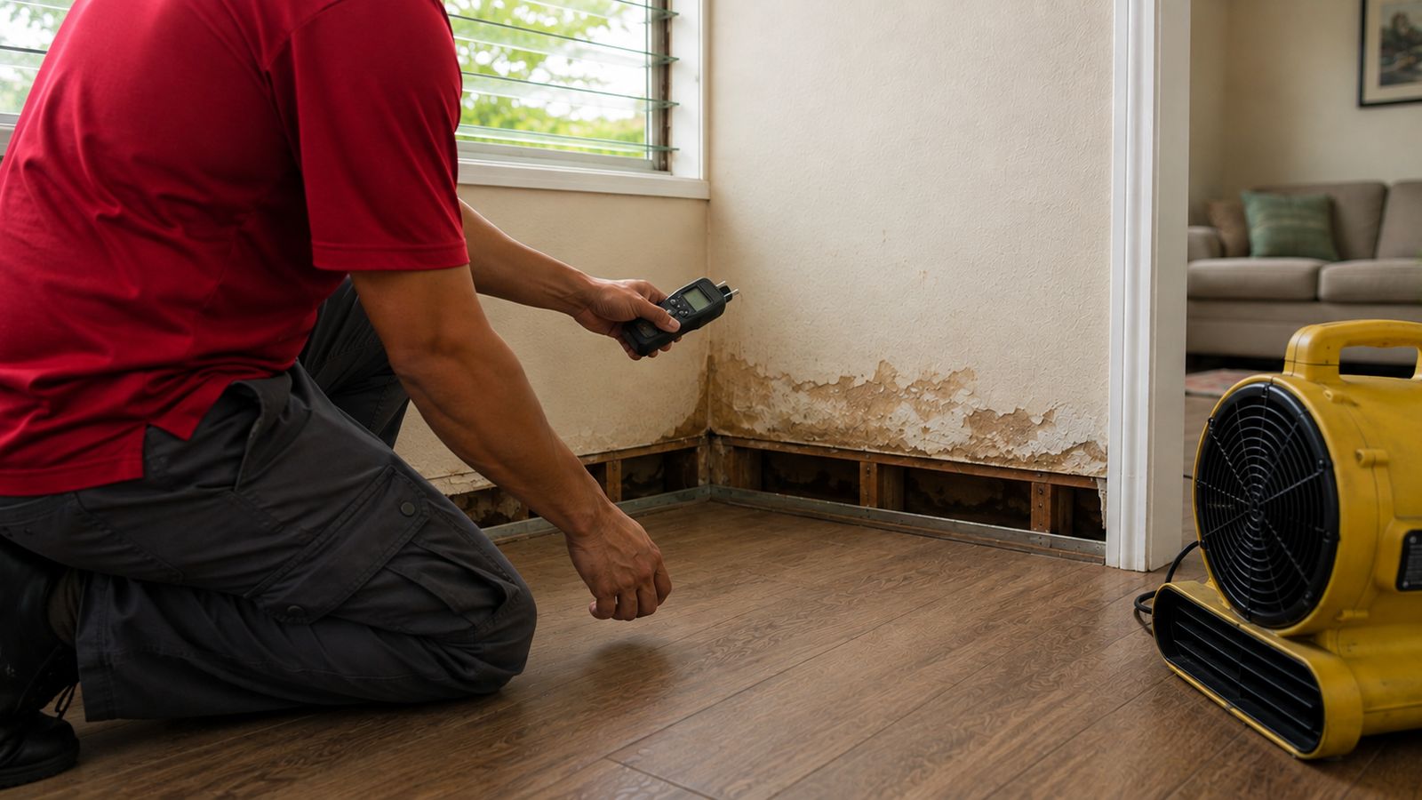 A restoration technician taking a moisture reading on a water-stained wall beside an air mover in an Oahu home.