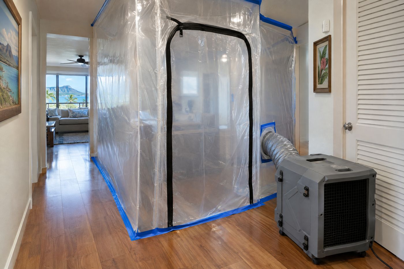 A plastic containment area with a zipper door and an air scrubber exhausting through ducting in an Oahu home.