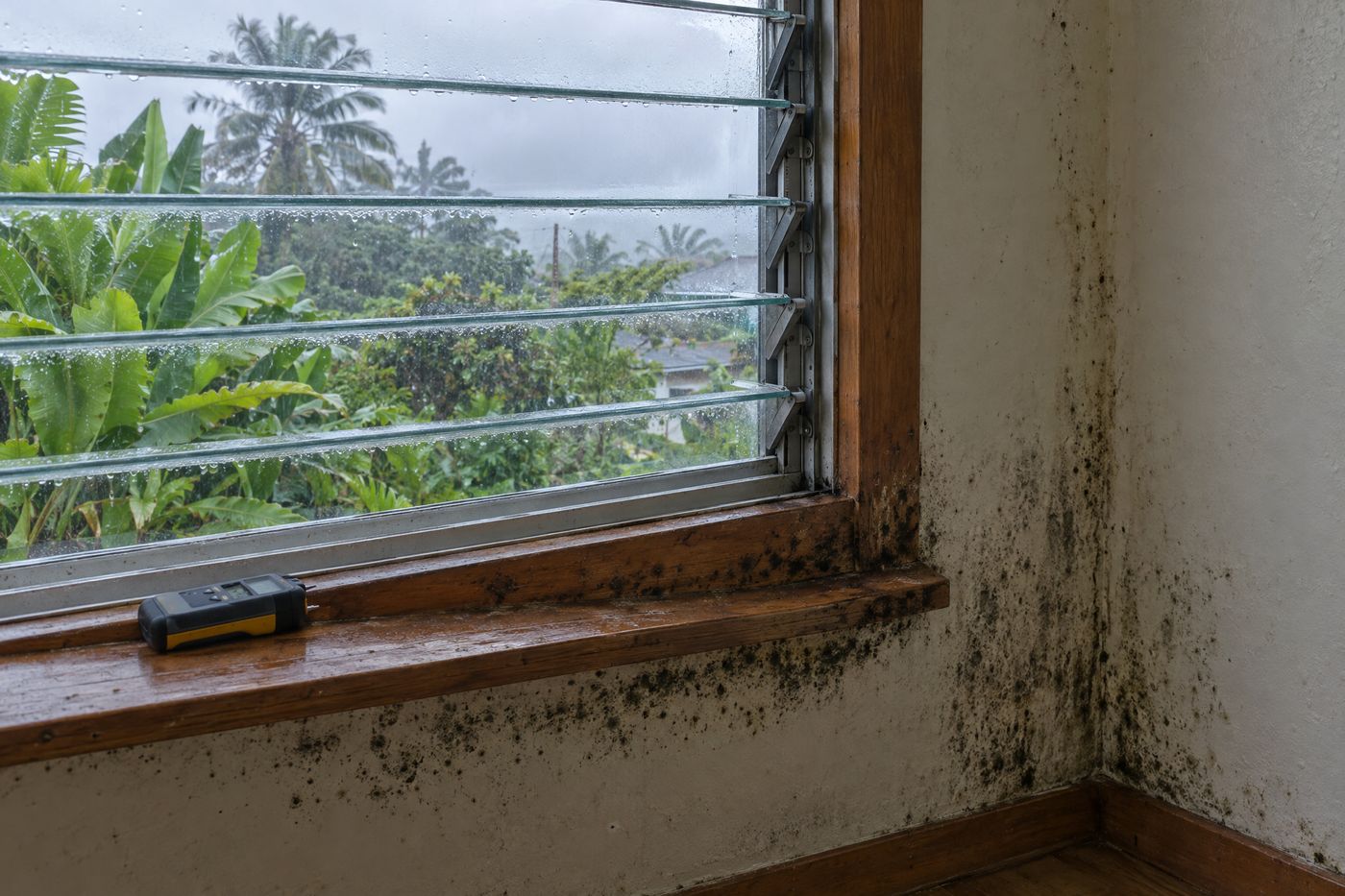 Dark mold spotting on a wooden jalousie window frame and the wall below it, with a moisture meter on the sill and rain outside.