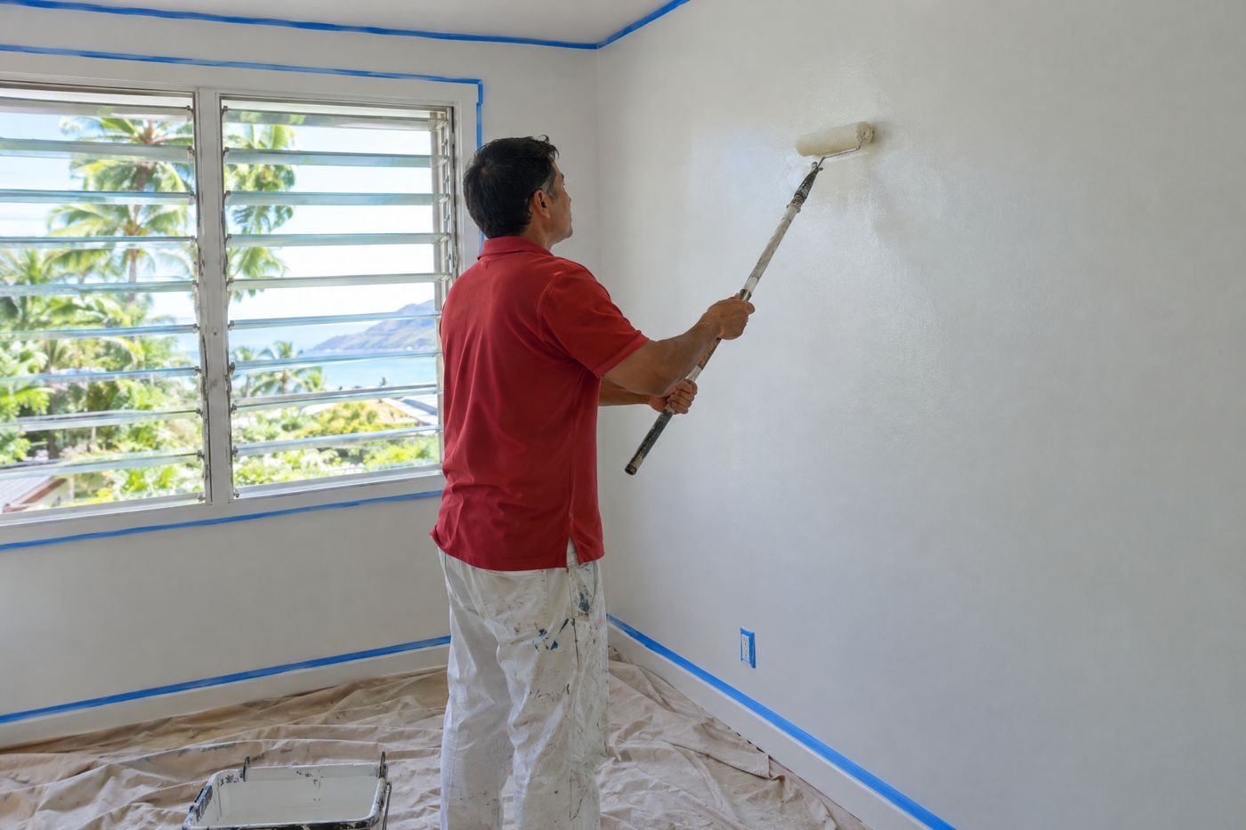 A painter rolling the final coat on a repaired wall in an Oahu home.