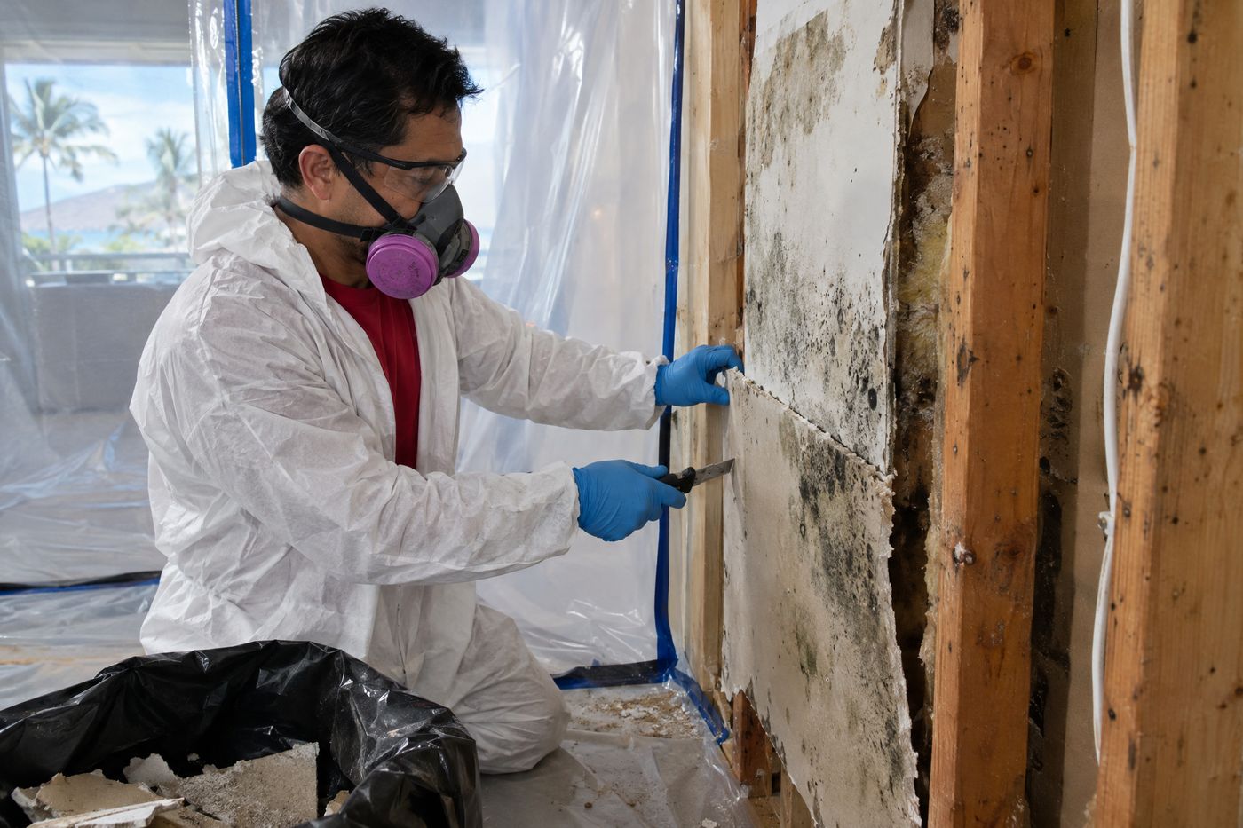 A technician in a coverall and respirator cutting out moldy drywall inside plastic containment.