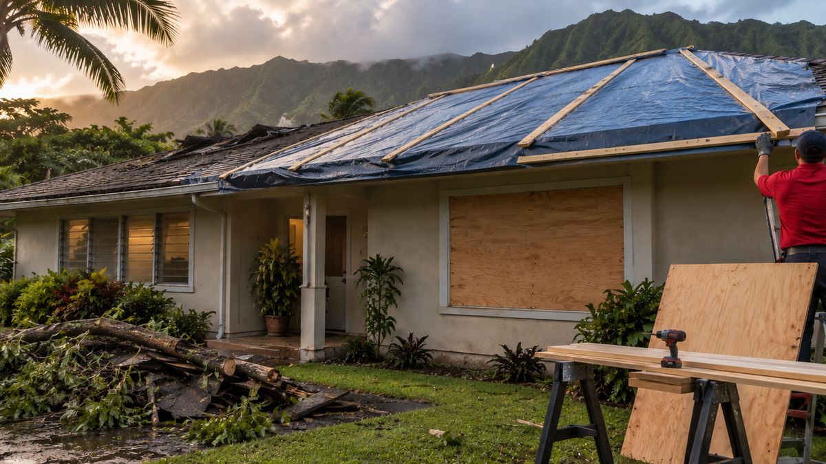 A roof tarped and openings boarded on an Oahu home so the next rain can't add more water.