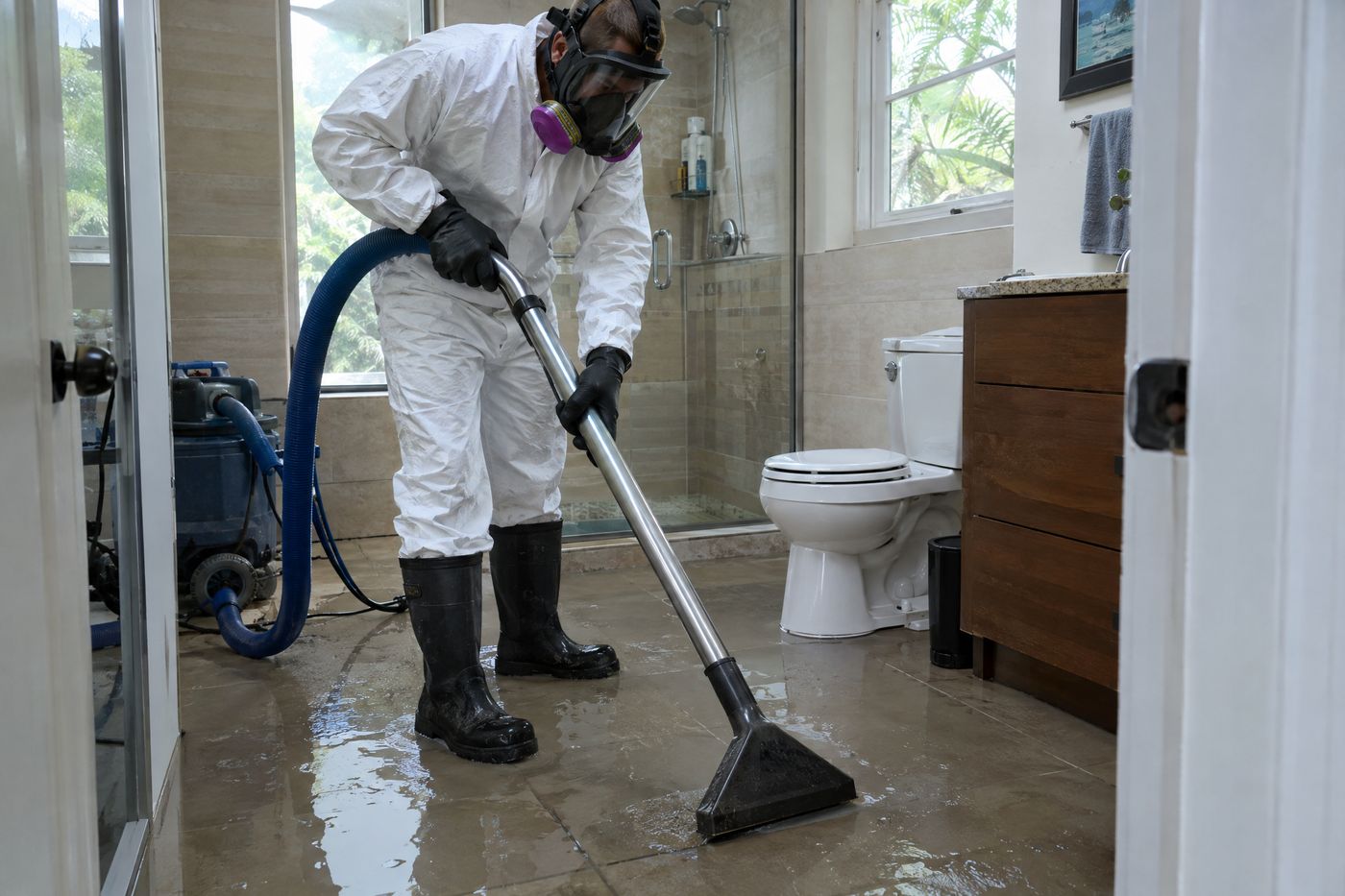 A technician in full protective gear extracting contaminated water from a bathroom floor after a drain backup.