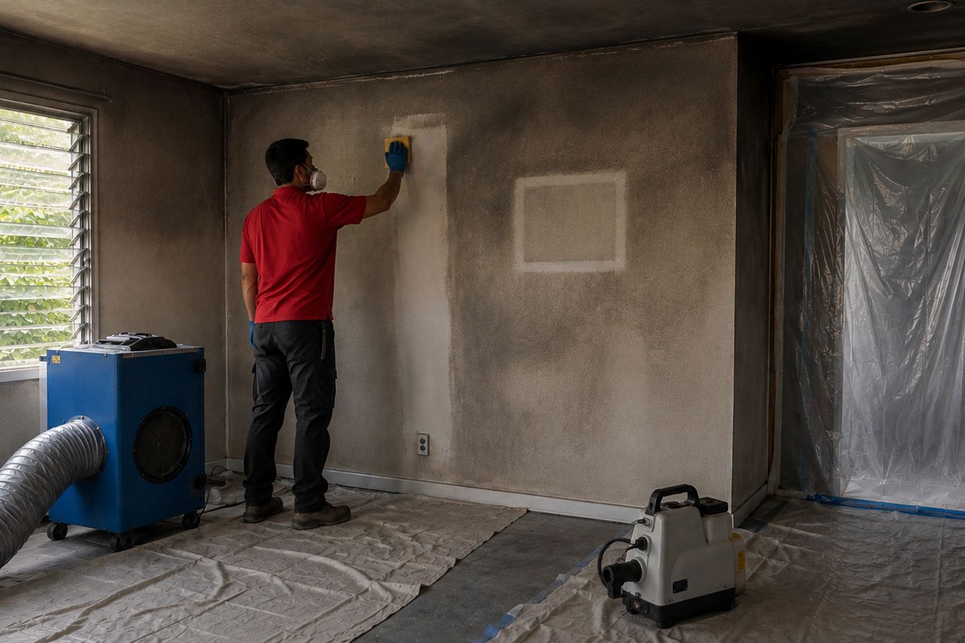 A restoration technician working on smoke damage inside an Oahu home.