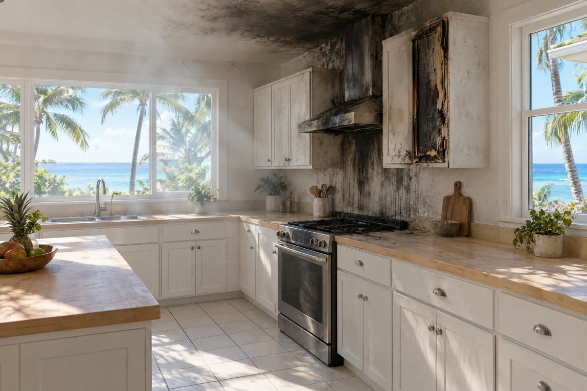 Soot and smoke damage above the range in a bright Oahu kitchen after a cooking fire.