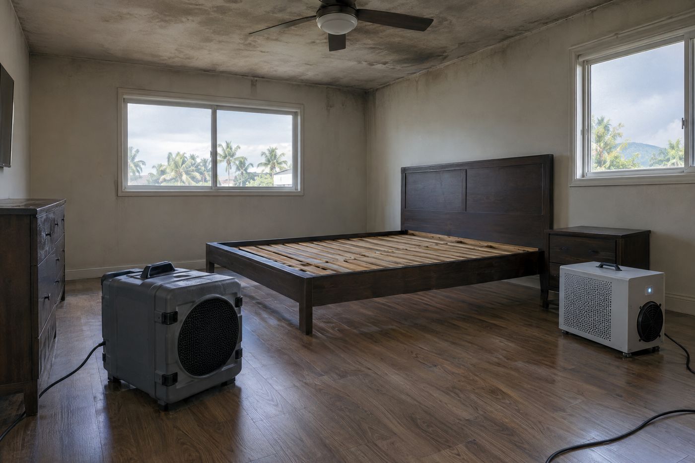 An air scrubber and odor-removal unit running in a smoke-damaged bedroom in an Oahu home.