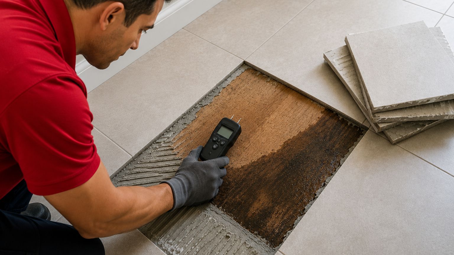 A restoration technician measuring moisture in a subfloor exposed under lifted tile in a Hawaii home.