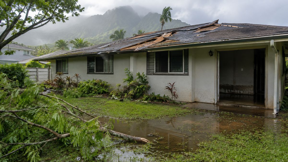 A single-story Oahu home with storm debris and standing water in the yard after heavy rain.