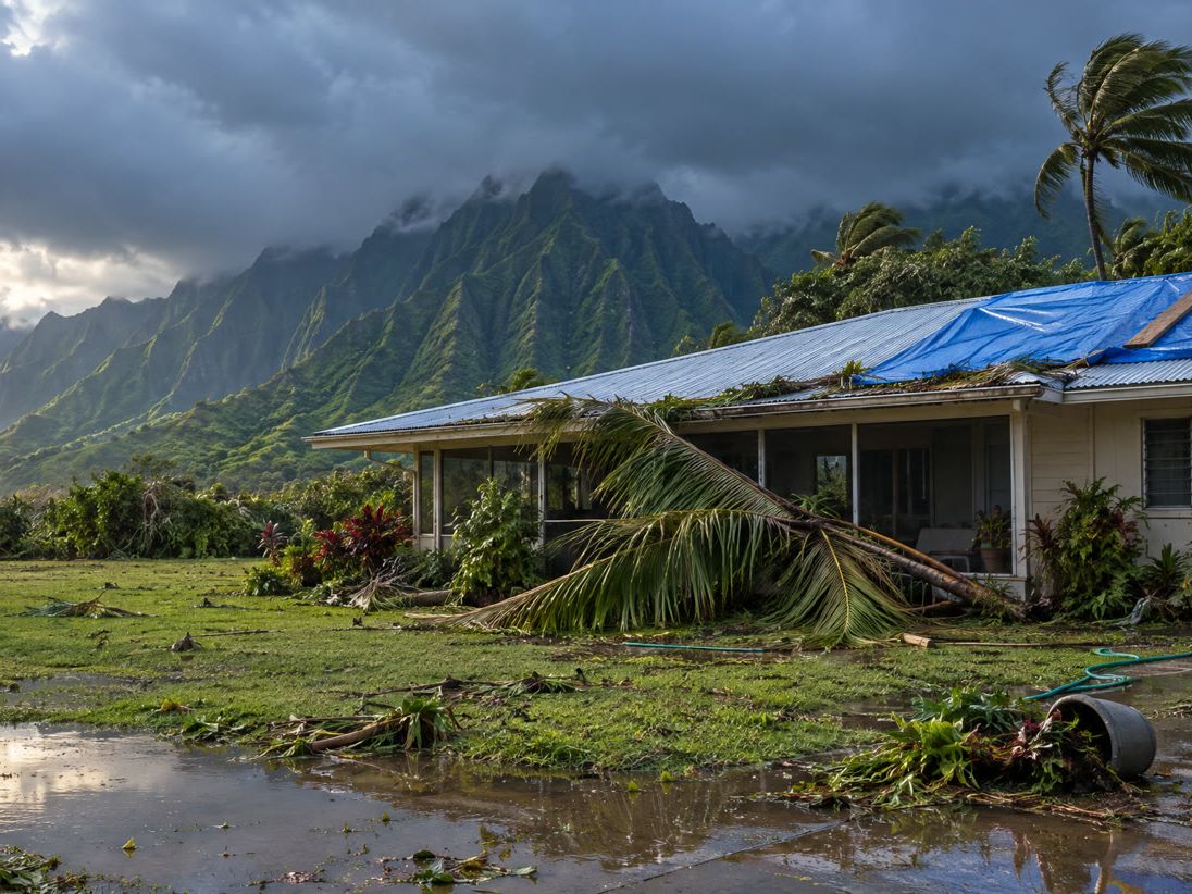 A windward Oahu home with a tarped roof and water on the lawn under the Ko'olau mountains after a storm.